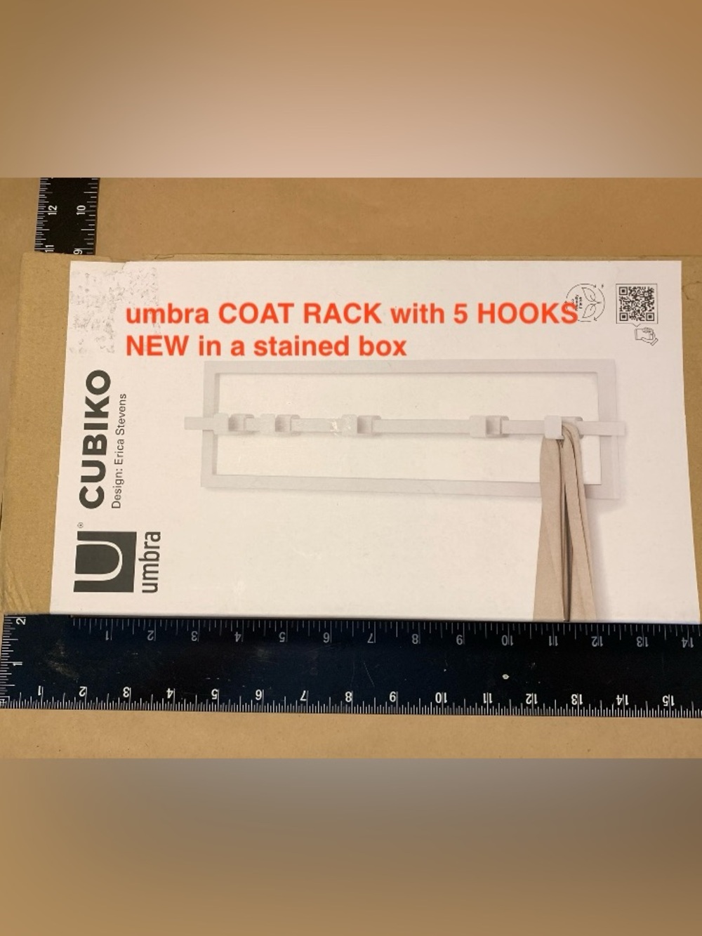 umbra  COAT RACK with 5 HOOKS •NEW IN STAINED BOX